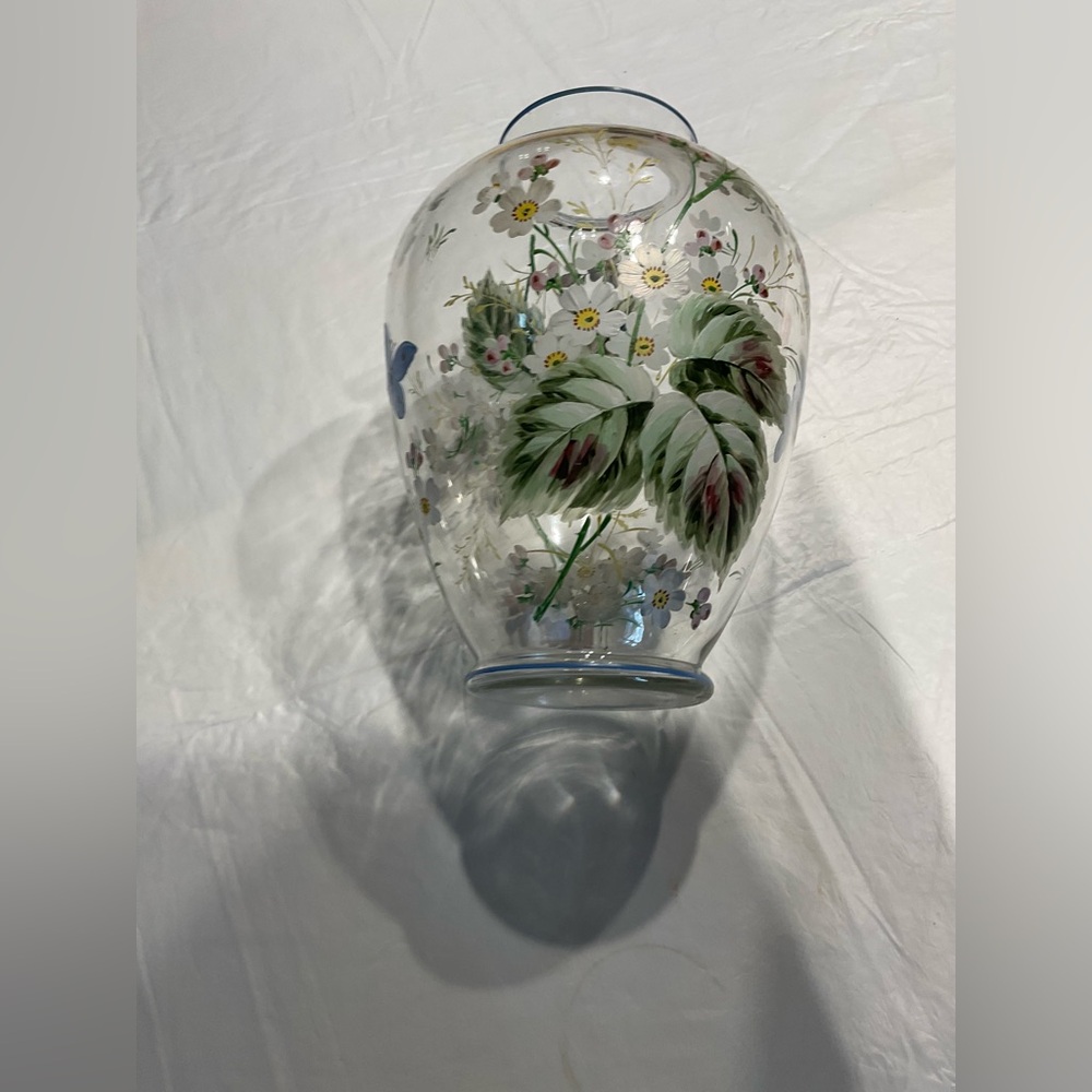 Hand-Painted Floral Glass Vase - Clear with Green & Pink Accents